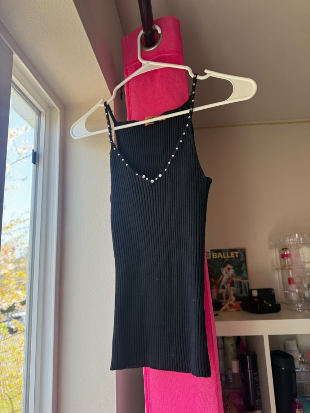 Belldini Black Ribbed Camisole with Studded V-Neck